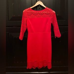 Express. Red lace evening dress. Raw lace hem. Sz 0. Mini dress. Flattering